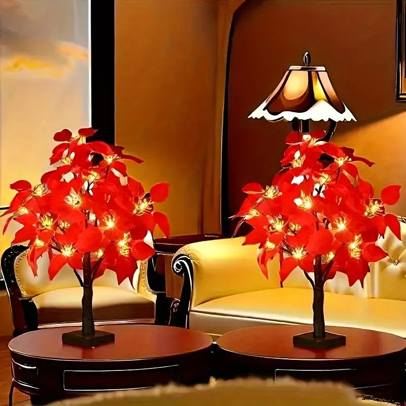 2-pack, Christmas LED Analog Red Flower Tree Light, Thanksgiving Decorations, Living Room Desktop Bonsai Tree, Suitable For Room Decoration, Holiday Party, Wedding Arrangement, This Product Needs 3 AA Batteries To Power On