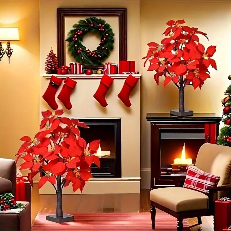 2-pack, Christmas LED Analog Red Flower Tree Light, Thanksgiving Decorations, Living Room Desktop Bonsai Tree, Suitable For Room Decoration, Holiday Party, Wedding Arrangement, This Product Needs 3 AA Batteries To Power On