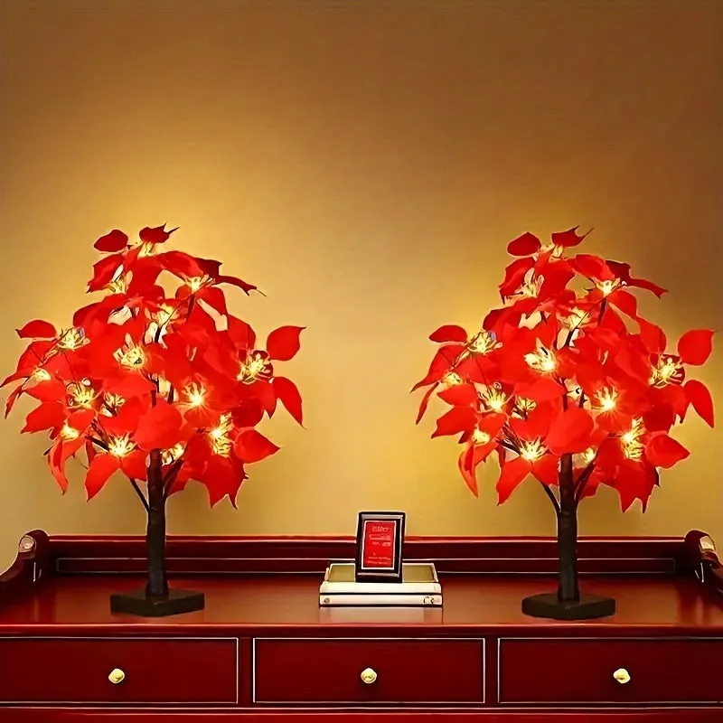 2-pack, Christmas LED Analog Red Flower Tree Light, Thanksgiving Decorations, Living Room Desktop Bonsai Tree, Suitable For Room Decoration, Holiday Party, Wedding Arrangement, This Product Needs 3 AA Batteries To Power On