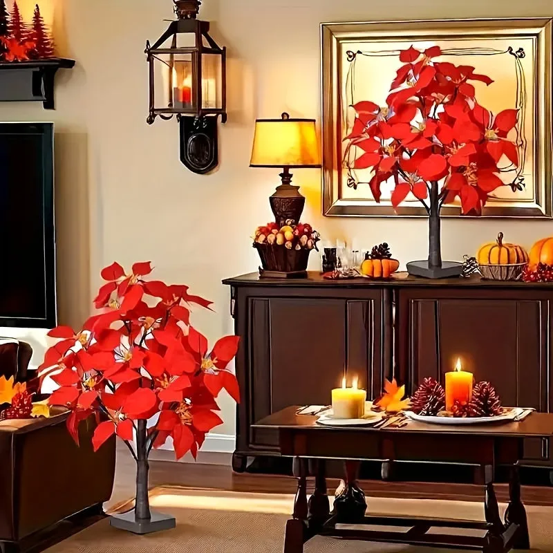 2-pack, Christmas LED Analog Red Flower Tree Light, Thanksgiving Decorations, Living Room Desktop Bonsai Tree, Suitable For Room Decoration, Holiday Party, Wedding Arrangement, This Product Needs 3 AA Batteries To Power On