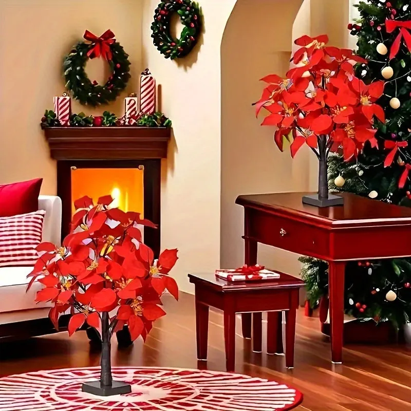 2-pack, Christmas LED Analog Red Flower Tree Light, Thanksgiving Decorations, Living Room Desktop Bonsai Tree, Suitable For Room Decoration, Holiday Party, Wedding Arrangement, This Product Needs 3 AA Batteries To Power On