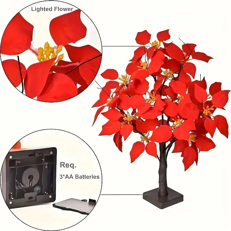 2-pack, Christmas LED Analog Red Flower Tree Light, Thanksgiving Decorations, Living Room Desktop Bonsai Tree, Suitable For Room Decoration, Holiday Party, Wedding Arrangement, This Product Needs 3 AA Batteries To Power On