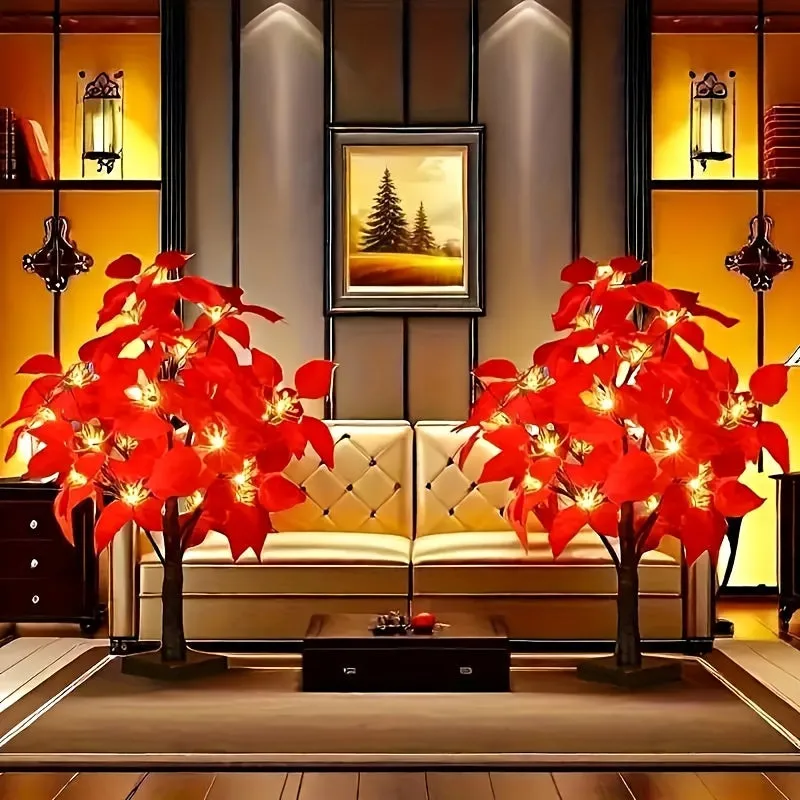 2-pack, Christmas LED Analog Red Flower Tree Light, Thanksgiving Decorations, Living Room Desktop Bonsai Tree, Suitable For Room Decoration, Holiday Party, Wedding Arrangement, This Product Needs 3 AA Batteries To Power On