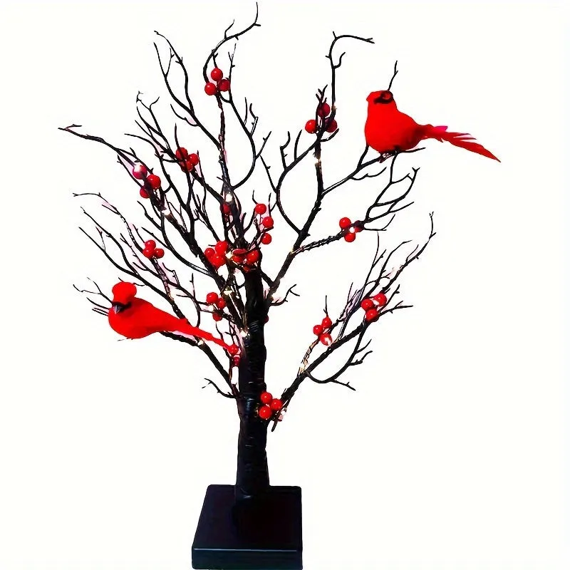 2-pack, Tree Design Table Lamp, Glowing Red Bird Tree Lamp, Modeling Lamp, Christmas LED Simulated Red Flower Tree Lamp, Christmas Tree, Thanksgiving Decoration, Living Room Desktop Bonsai Tree For Room Decoration, Battery Box Powered