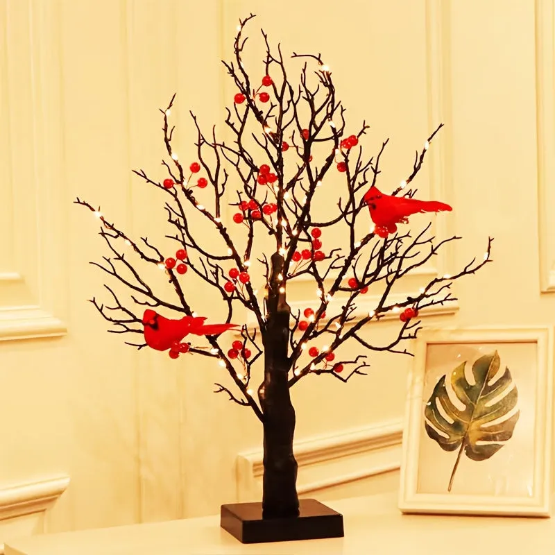 2-pack, Tree Design Table Lamp, Glowing Red Bird Tree Lamp, Modeling Lamp, Christmas LED Simulated Red Flower Tree Lamp, Christmas Tree, Thanksgiving Decoration, Living Room Desktop Bonsai Tree For Room Decoration, Battery Box Powered