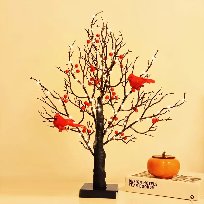 2-pack, Tree Design Table Lamp, Glowing Red Bird Tree Lamp, Modeling Lamp, Christmas LED Simulated Red Flower Tree Lamp, Christmas Tree, Thanksgiving Decoration, Living Room Desktop Bonsai Tree For Room Decoration, Battery Box Powered