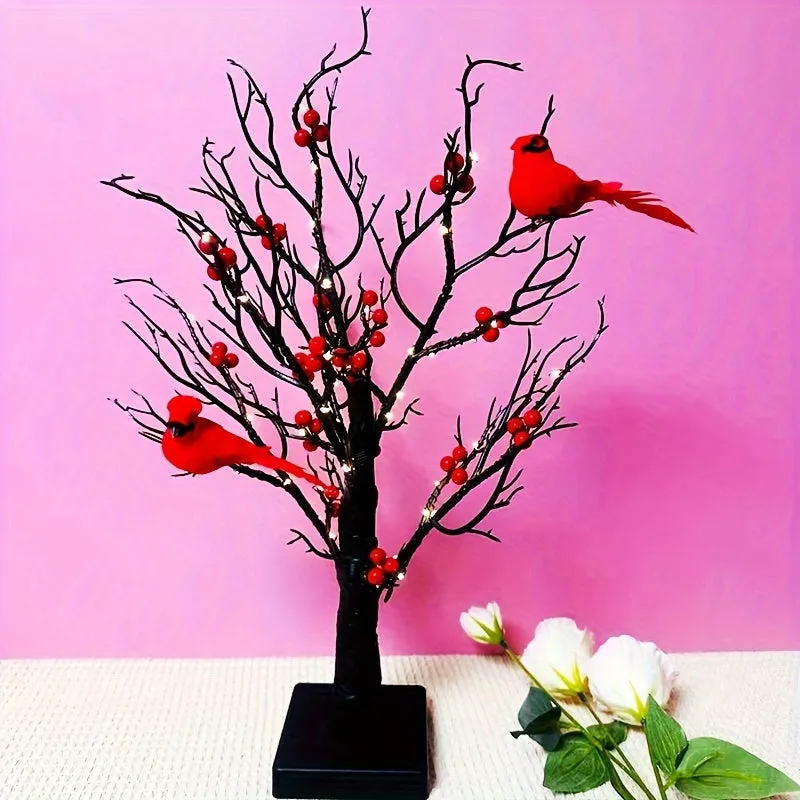 2-pack, Tree Design Table Lamp, Glowing Red Bird Tree Lamp, Modeling Lamp, Christmas LED Simulated Red Flower Tree Lamp, Christmas Tree, Thanksgiving Decoration, Living Room Desktop Bonsai Tree For Room Decoration, Battery Box Powered