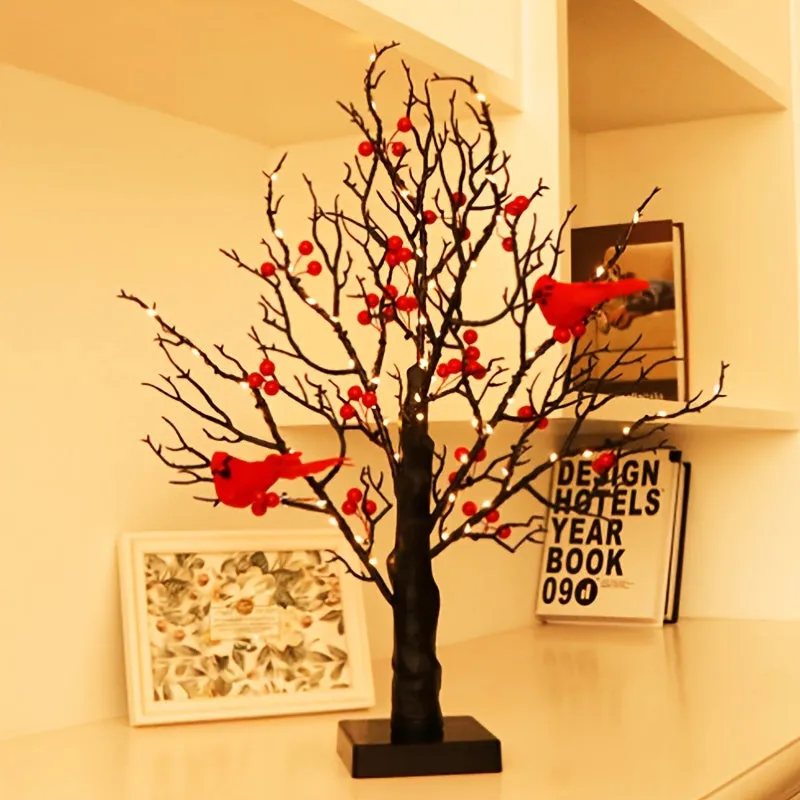 2-pack, Tree Design Table Lamp, Glowing Red Bird Tree Lamp, Modeling Lamp, Christmas LED Simulated Red Flower Tree Lamp, Christmas Tree, Thanksgiving Decoration, Living Room Desktop Bonsai Tree For Room Decoration, Battery Box Powered
