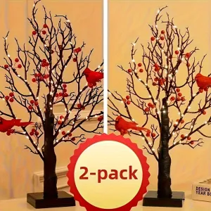 2-pack, Tree Design Table Lamp, Glowing Red Bird Tree Lamp, Modeling Lamp, Christmas LED Simulated Red Flower Tree Lamp, Christmas Tree, Thanksgiving Decoration, Living Room Desktop Bonsai Tree For Room Decoration, Battery Box Powered