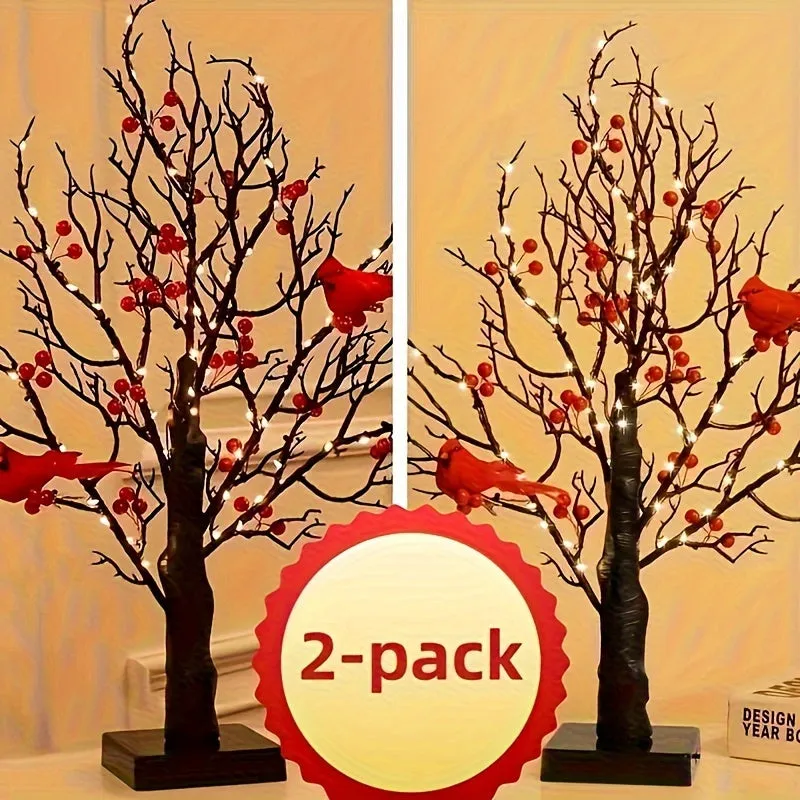 2-pack, Tree Design Table Lamp, Glowing Red Bird Tree Lamp, Modeling Lamp, Christmas LED Simulated Red Flower Tree Lamp, Christmas Tree, Thanksgiving Decoration, Living Room Desktop Bonsai Tree For Room Decoration, Battery Box Powered