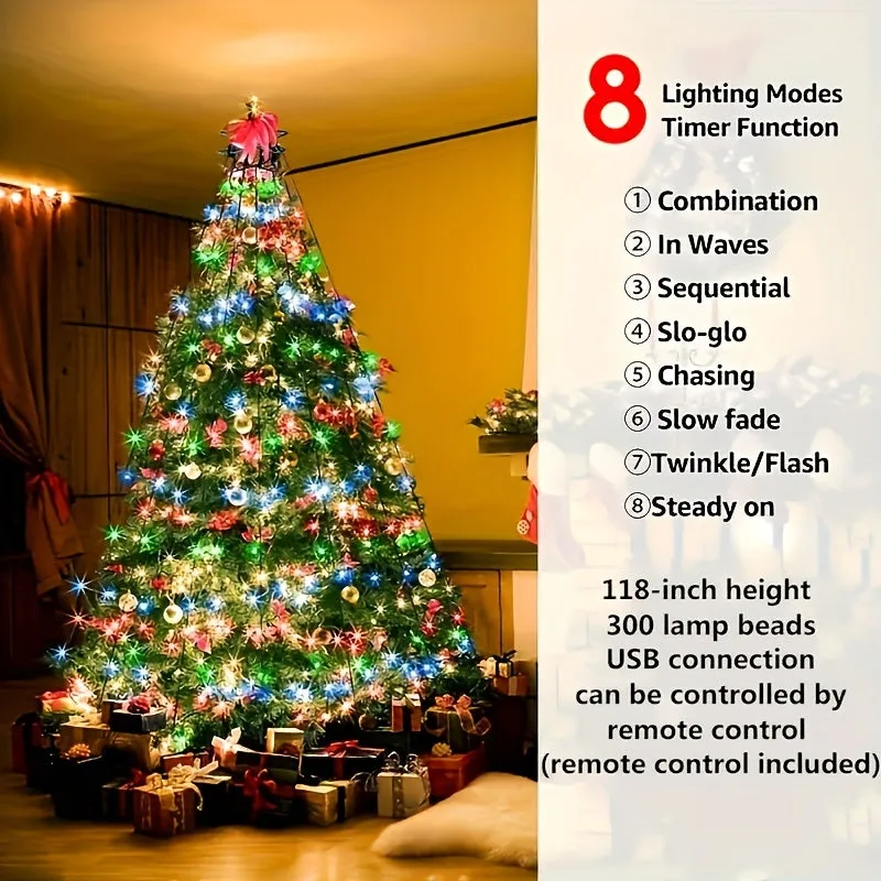 200/280/300 LED Christmas Tree String Lights with USB Power, 8 Light Modes, Remote Control, Infrared Sensor, and Non-Rechargeable Button Battery for Indoor & Outdoor Decoration