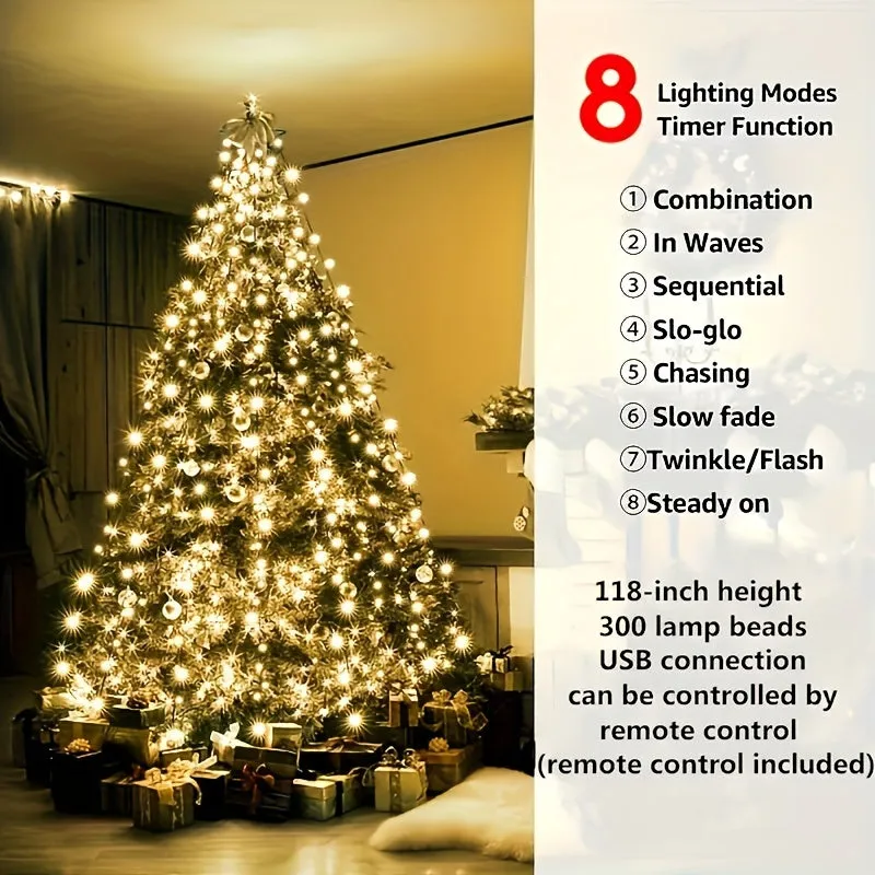 200/280/300 LED Christmas Tree String Lights with USB Power, 8 Light Modes, Remote Control, Infrared Sensor, and Non-Rechargeable Button Battery for Indoor & Outdoor Decoration