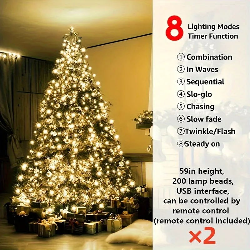 200/280/300 LED Christmas Tree String Lights with USB Power, 8 Light Modes, Remote Control, Infrared Sensor, and Non-Rechargeable Button Battery for Indoor & Outdoor Decoration