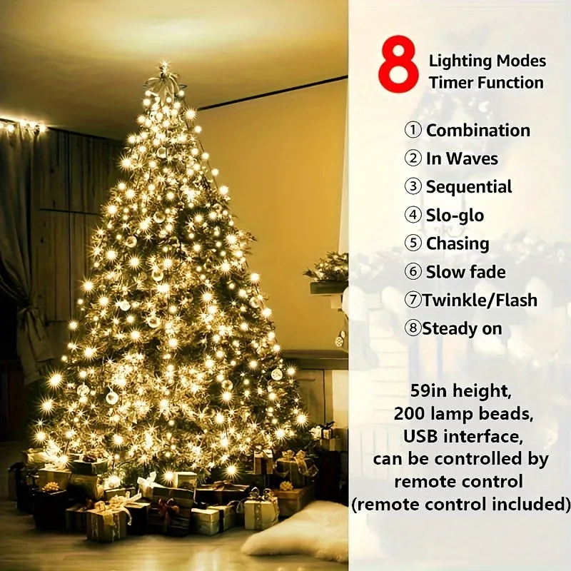 200/280/300 LED Christmas Tree String Lights with USB Power, 8 Light Modes, Remote Control, Infrared Sensor, and Non-Rechargeable Button Battery for Indoor & Outdoor Decoration