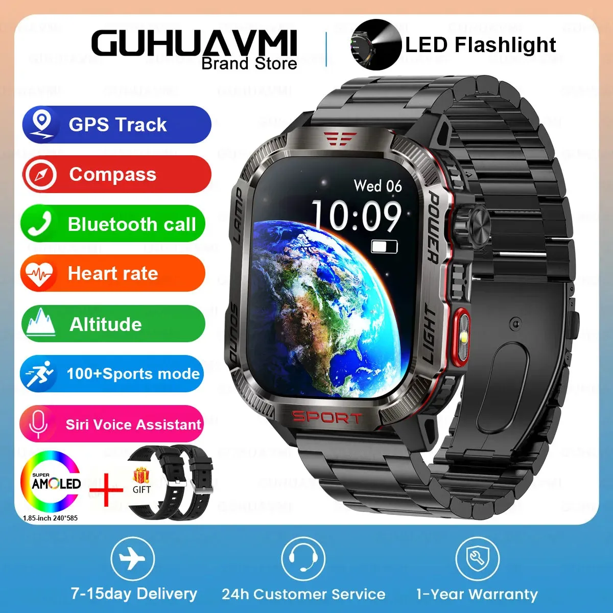 2024 New Rugged Military Fitness Smart Watch Men GPS Flashlight Compass 600mAh Battery For Xiaomi Outdoor Sport Call Smartwatch
