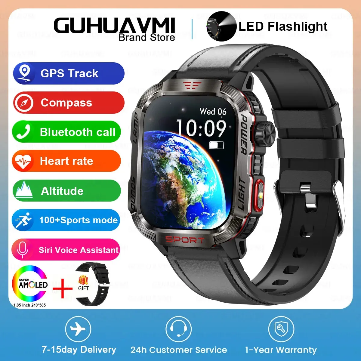 2024 New Rugged Military Fitness Smart Watch Men GPS Flashlight Compass 600mAh Battery For Xiaomi Outdoor Sport Call Smartwatch