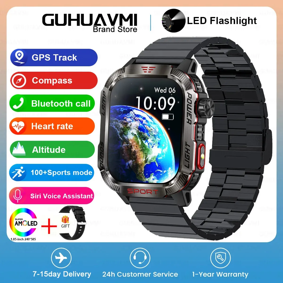 2024 New Rugged Military Fitness Smart Watch Men GPS Flashlight Compass 600mAh Battery For Xiaomi Outdoor Sport Call Smartwatch