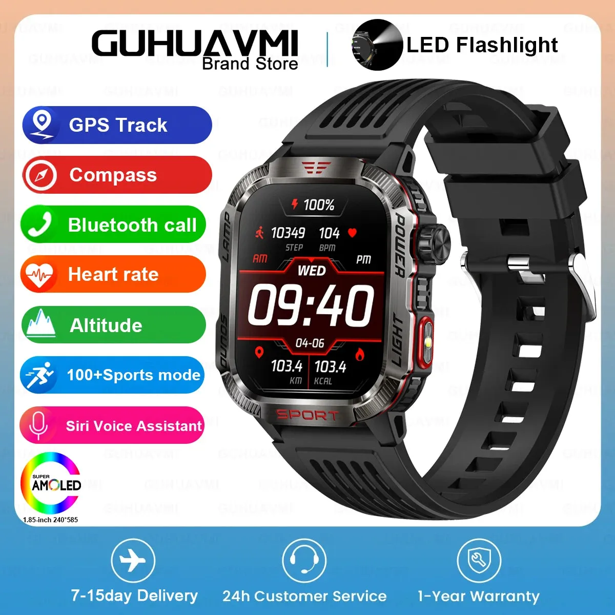 2024 New Rugged Military Fitness Smart Watch Men GPS Flashlight Compass 600mAh Battery For Xiaomi Outdoor Sport Call Smartwatch