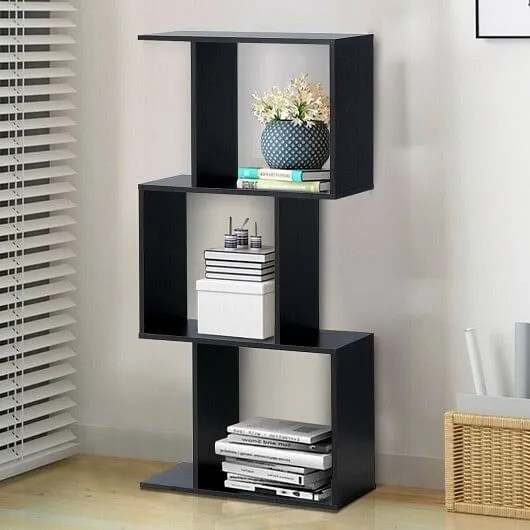 2/3/4 Tiers Wooden S-Shaped Bookcase for Living Room Bedroom Office-3-Tier - Col