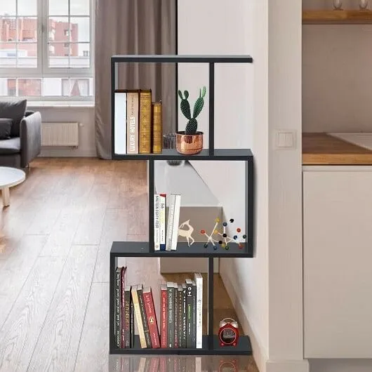 2/3/4 Tiers Wooden S-Shaped Bookcase for Living Room Bedroom Office-3-Tier - Col
