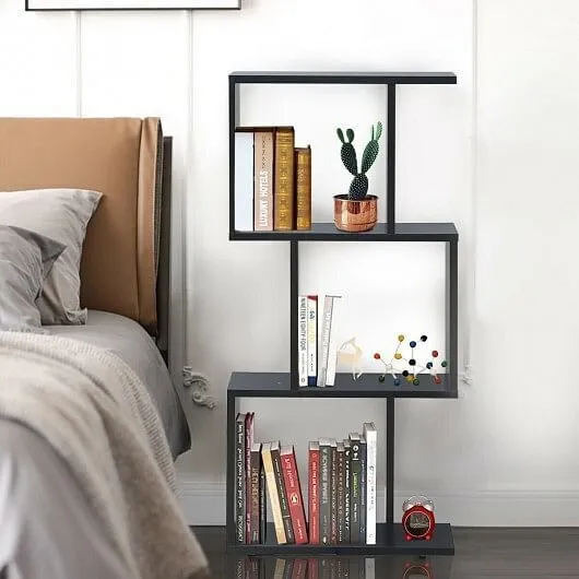 2/3/4 Tiers Wooden S-Shaped Bookcase for Living Room Bedroom Office-3-Tier - Col