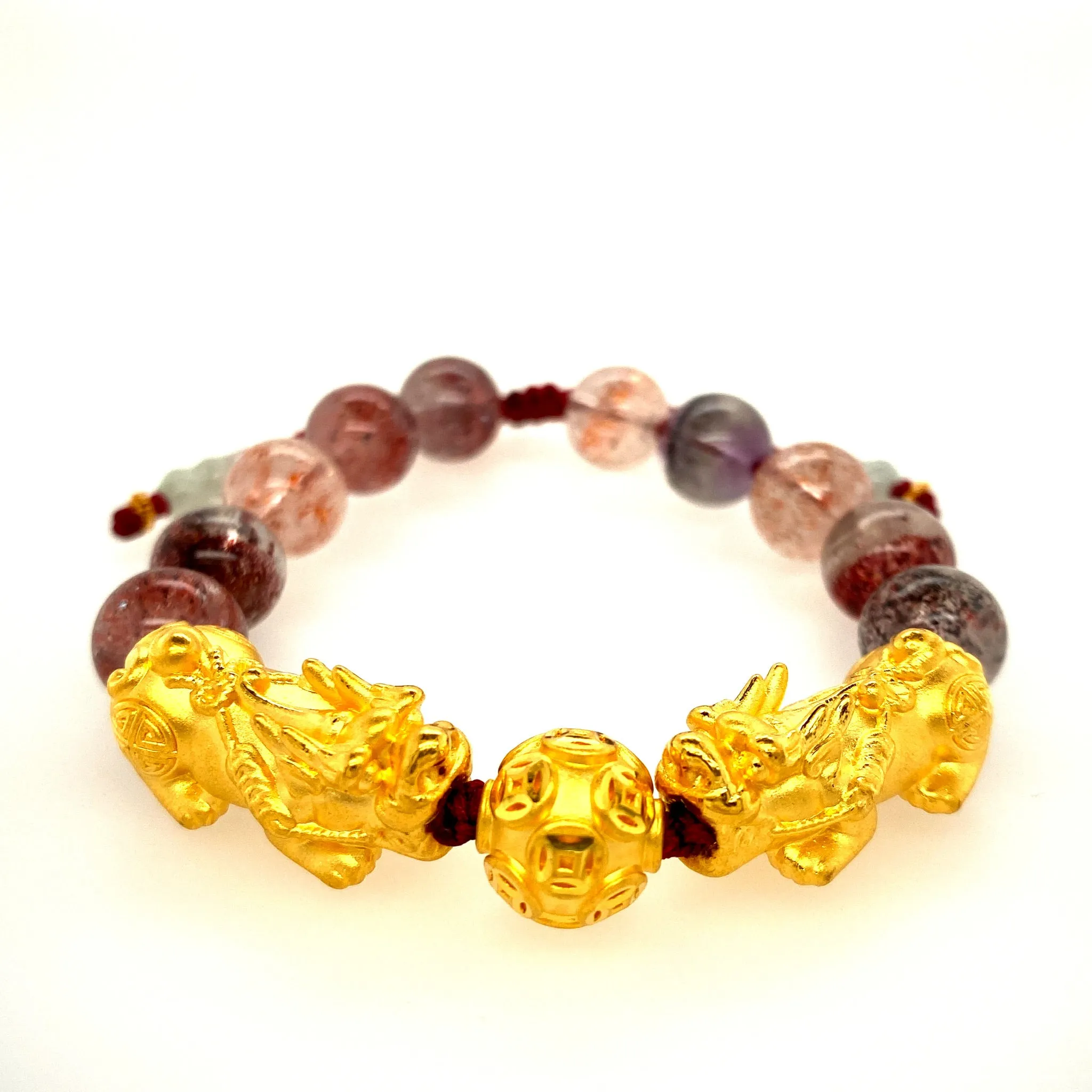24kt Pei Yao (Pixiu) & Gold Coin Ball and Super Seven 10mm Bead Bracelet