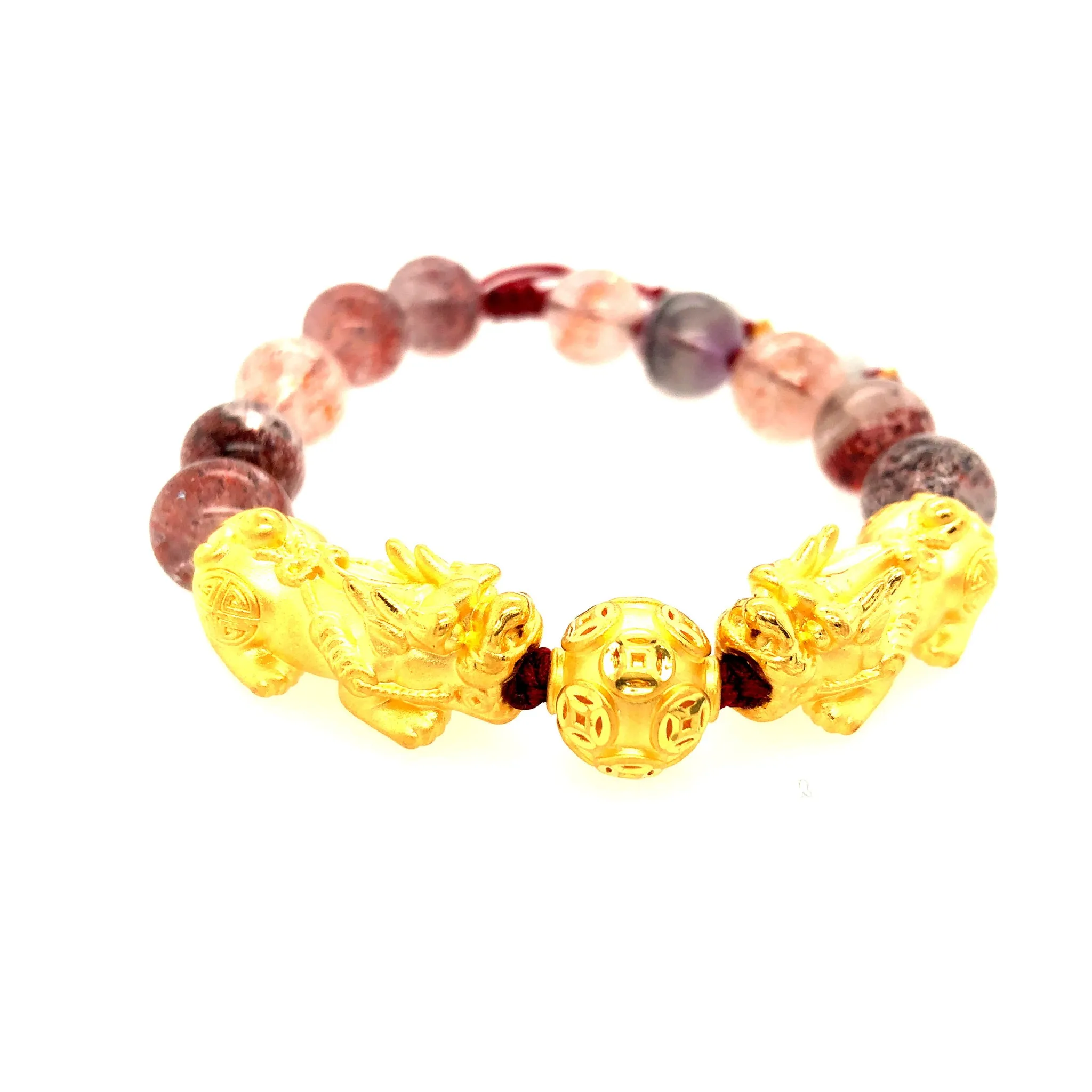 24kt Pei Yao (Pixiu) & Gold Coin Ball and Super Seven 10mm Bead Bracelet