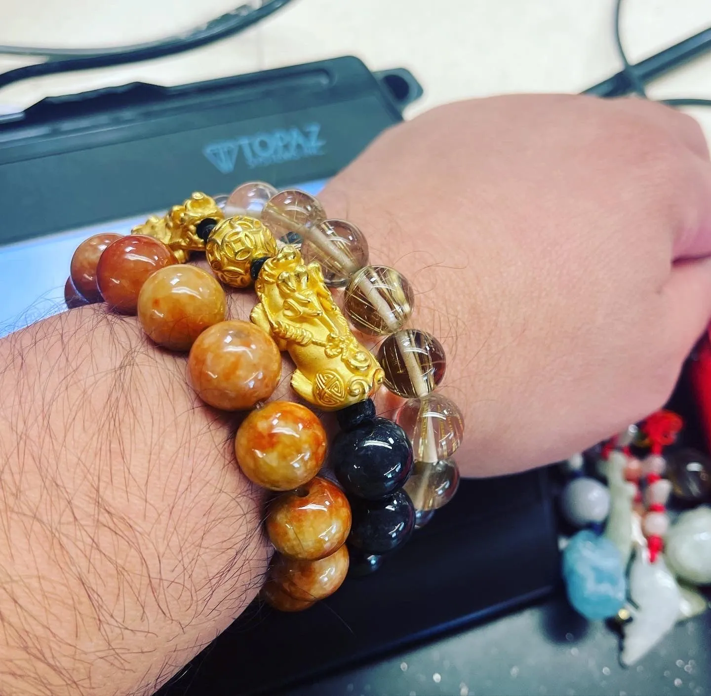 24kt Pei Yao (Pixiu) & Gold Coin Ball and Super Seven 10mm Bead Bracelet