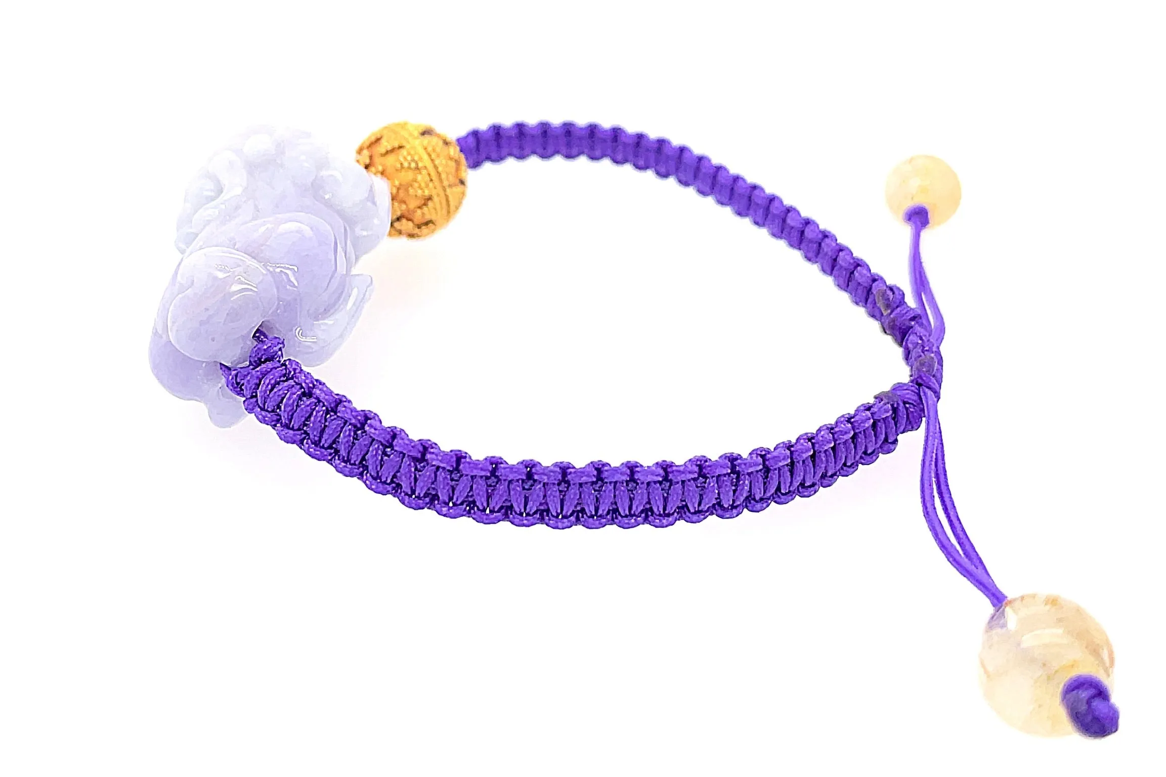 24kt YG Hand Granulated Bead Paired w/ Burmese Lavender Jadeite Pei Yao/Pixiu & Rutilated Quartz Bracelet