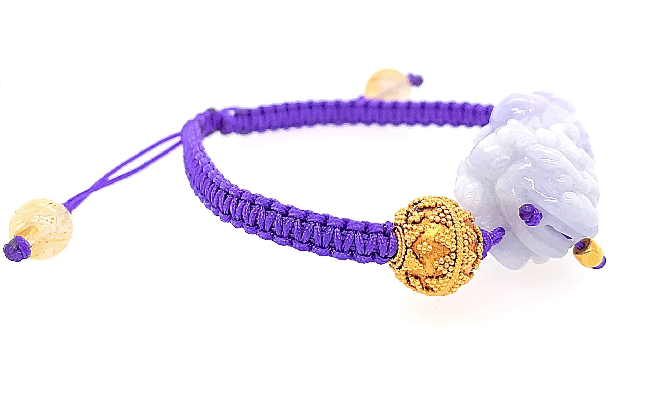 24kt YG Hand Granulated Bead Paired w/ Burmese Lavender Jadeite Pei Yao/Pixiu & Rutilated Quartz Bracelet