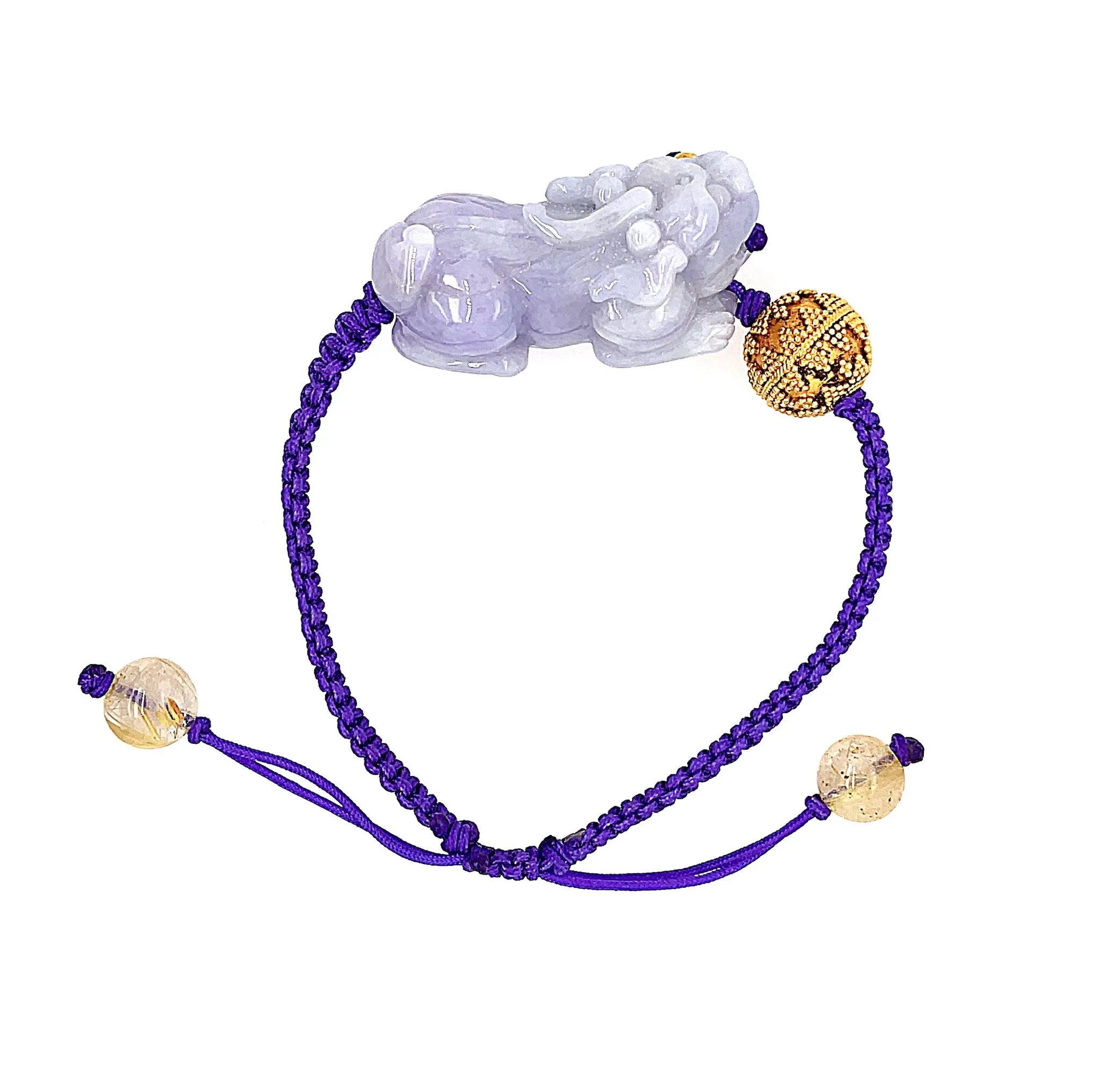 24kt YG Hand Granulated Bead Paired w/ Burmese Lavender Jadeite Pei Yao/Pixiu & Rutilated Quartz Bracelet