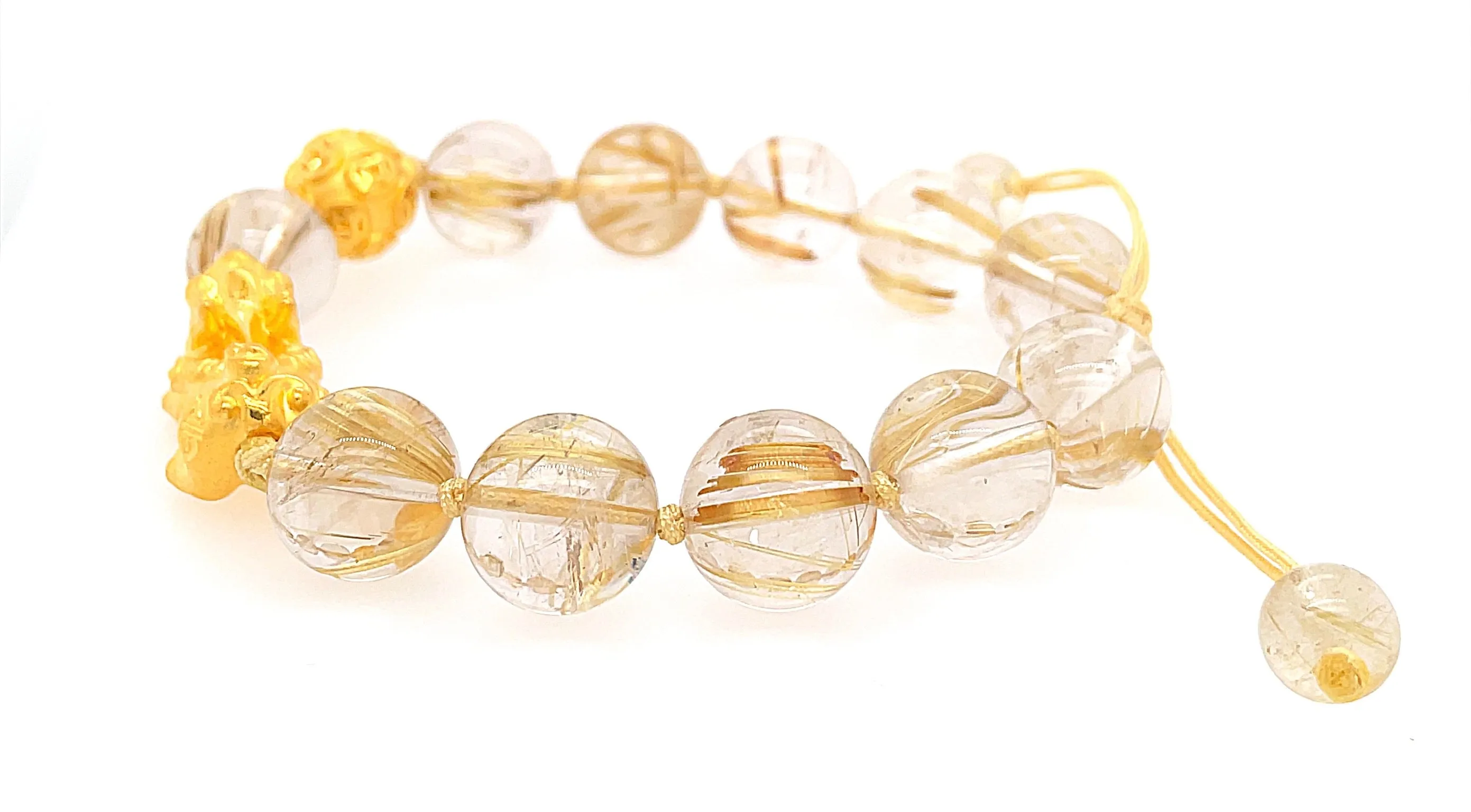 24kt YG Pei Yao/Pixiu and Gold Coin Paired w/ Rutilated Quartz Bracelet