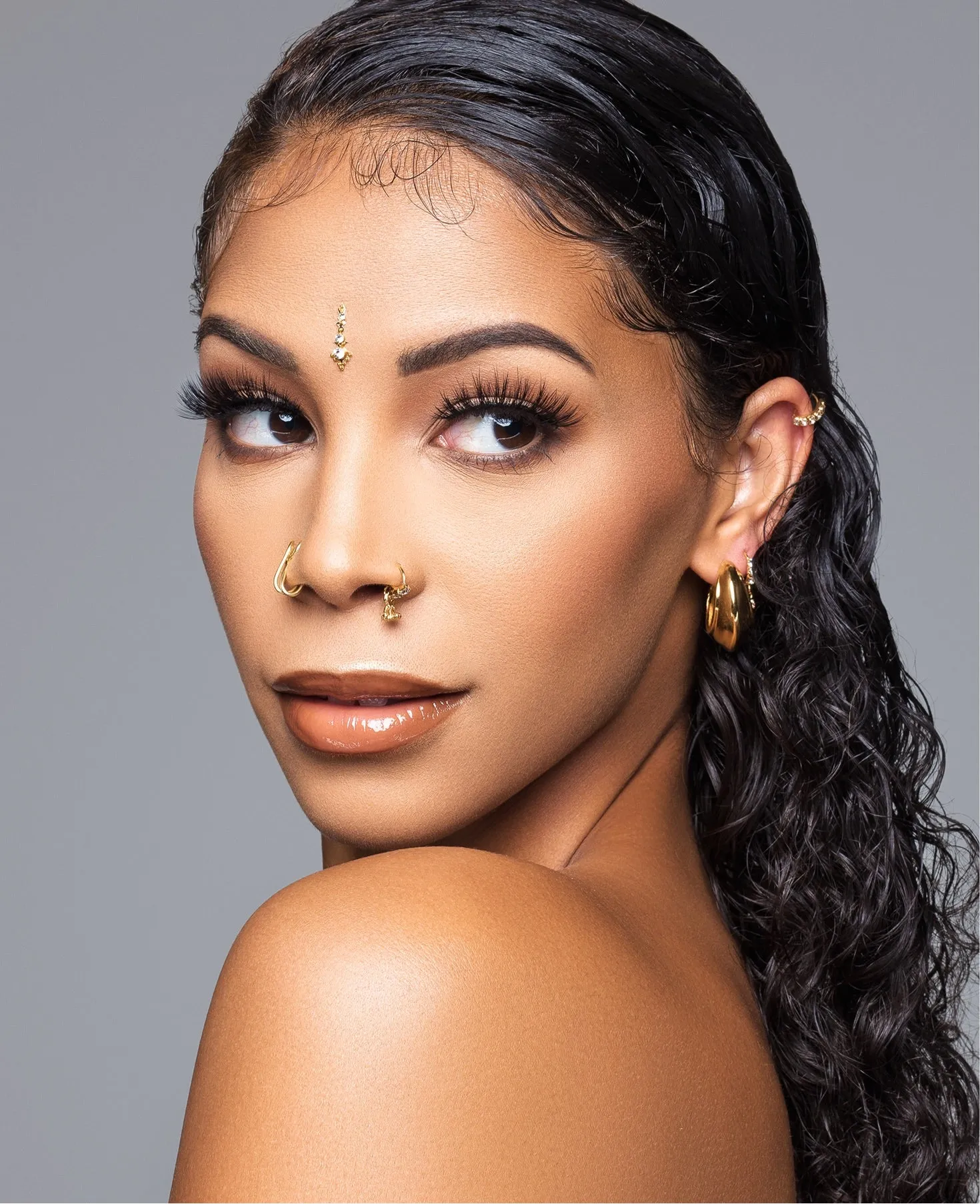 3 Diamond Gold Crown Dangling Nose Ring