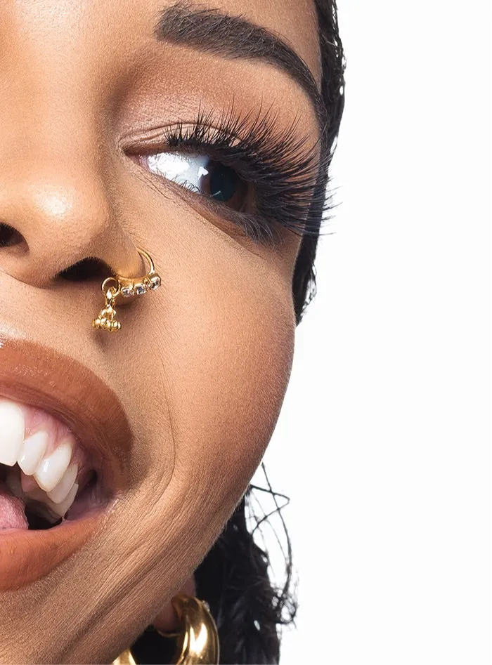 3 Diamond Gold Crown Dangling Nose Ring