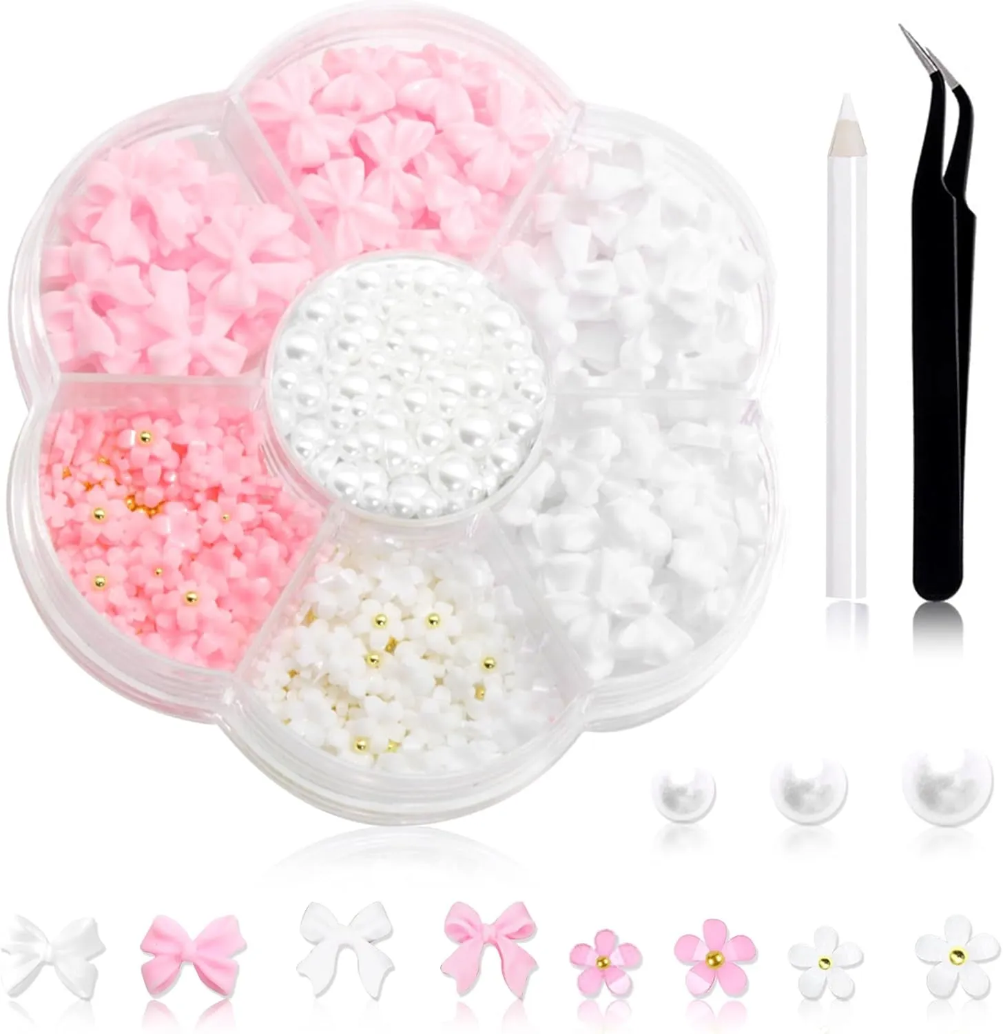 300Pcs Bow Nail Charms and Flatback Pearls,Black White Pink Bowknot 3D Cute Nail Charms for Acrylic Nail Supplies Design,White Half Pearls for Nail Jewelry DIY Crafts Nail Art Decoration Accessories