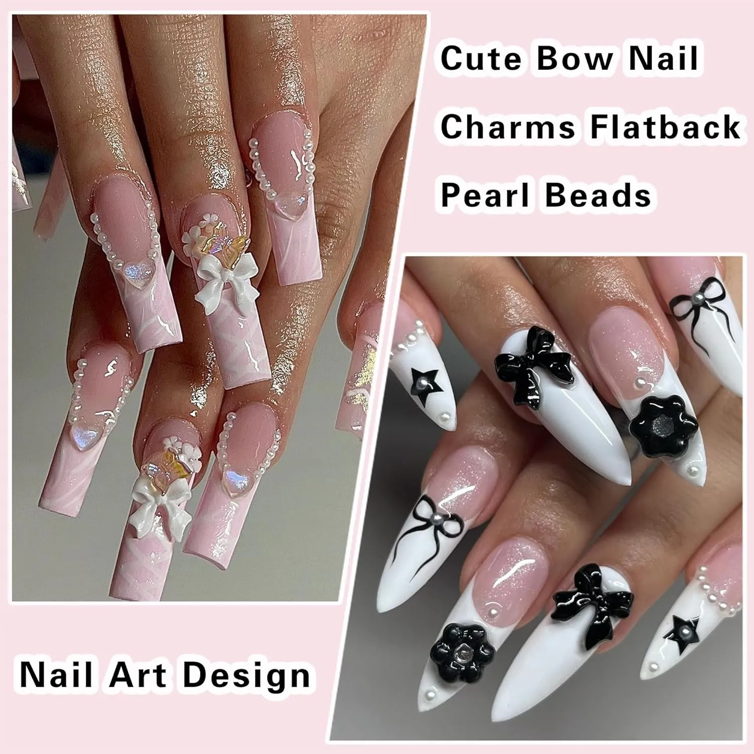 300Pcs Bow Nail Charms and Flatback Pearls,Black White Pink Bowknot 3D Cute Nail Charms for Acrylic Nail Supplies Design,White Half Pearls for Nail Jewelry DIY Crafts Nail Art Decoration Accessories