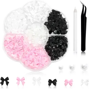 300Pcs Bow Nail Charms and Flatback Pearls,Black White Pink Bowknot 3D Cute Nail Charms for Acrylic Nail Supplies Design,White Half Pearls for Nail Jewelry DIY Crafts Nail Art Decoration Accessories