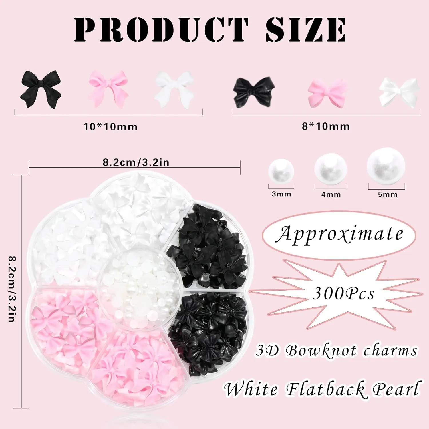 300Pcs Bow Nail Charms and Flatback Pearls,Black White Pink Bowknot 3D Cute Nail Charms for Acrylic Nail Supplies Design,White Half Pearls for Nail Jewelry DIY Crafts Nail Art Decoration Accessories