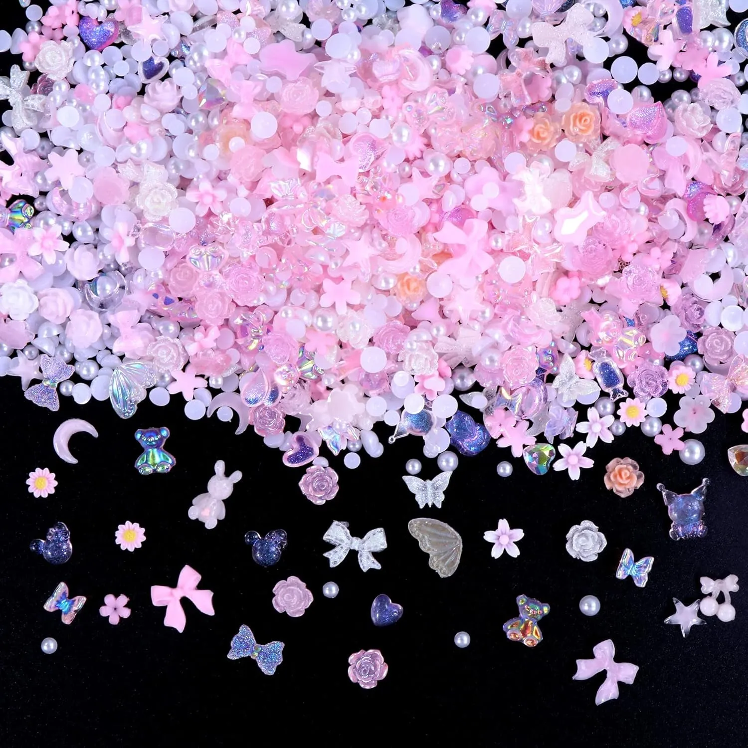 300Pcs Bow Nail Charms and Flatback Pearls,Black White Pink Bowknot 3D Cute Nail Charms for Acrylic Nail Supplies Design,White Half Pearls for Nail Jewelry DIY Crafts Nail Art Decoration Accessories