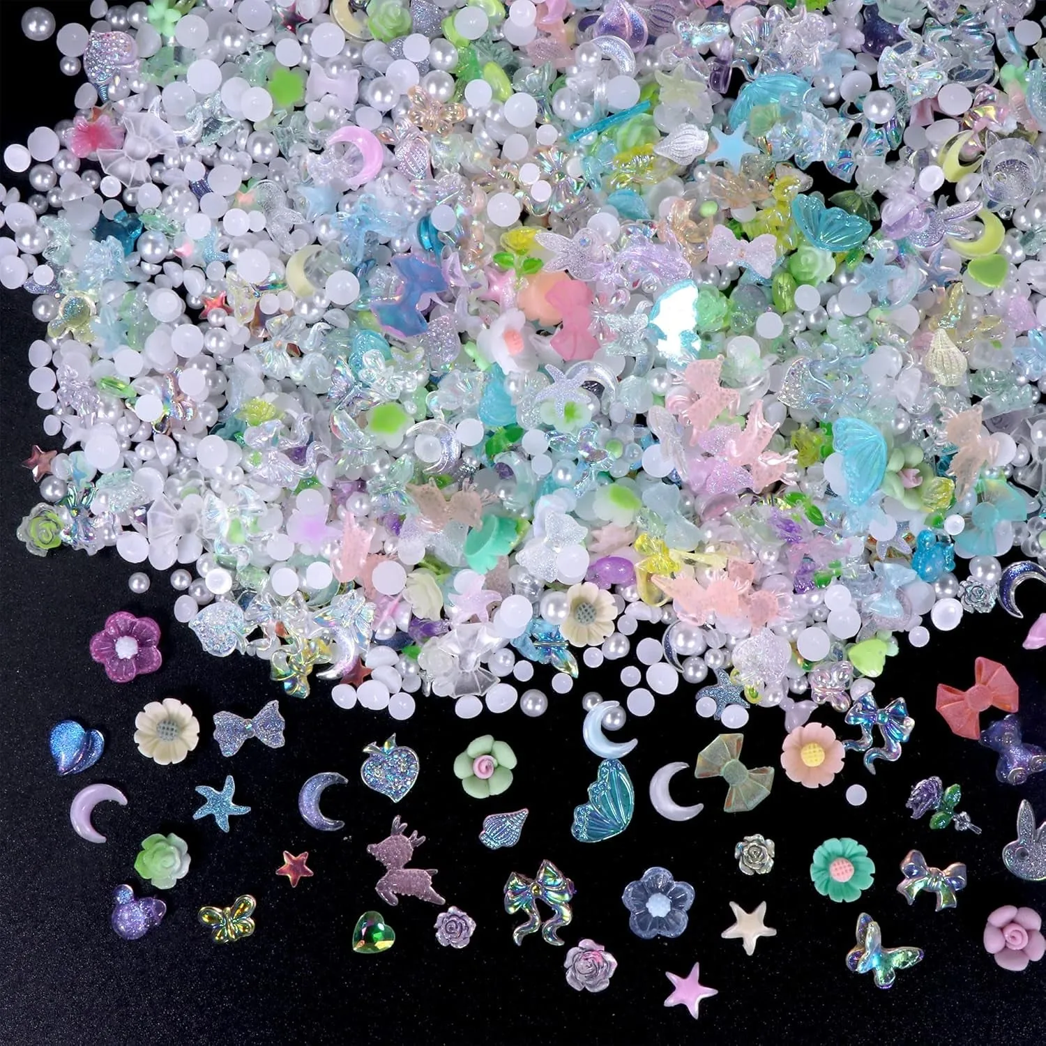 300Pcs Bow Nail Charms and Flatback Pearls,Black White Pink Bowknot 3D Cute Nail Charms for Acrylic Nail Supplies Design,White Half Pearls for Nail Jewelry DIY Crafts Nail Art Decoration Accessories