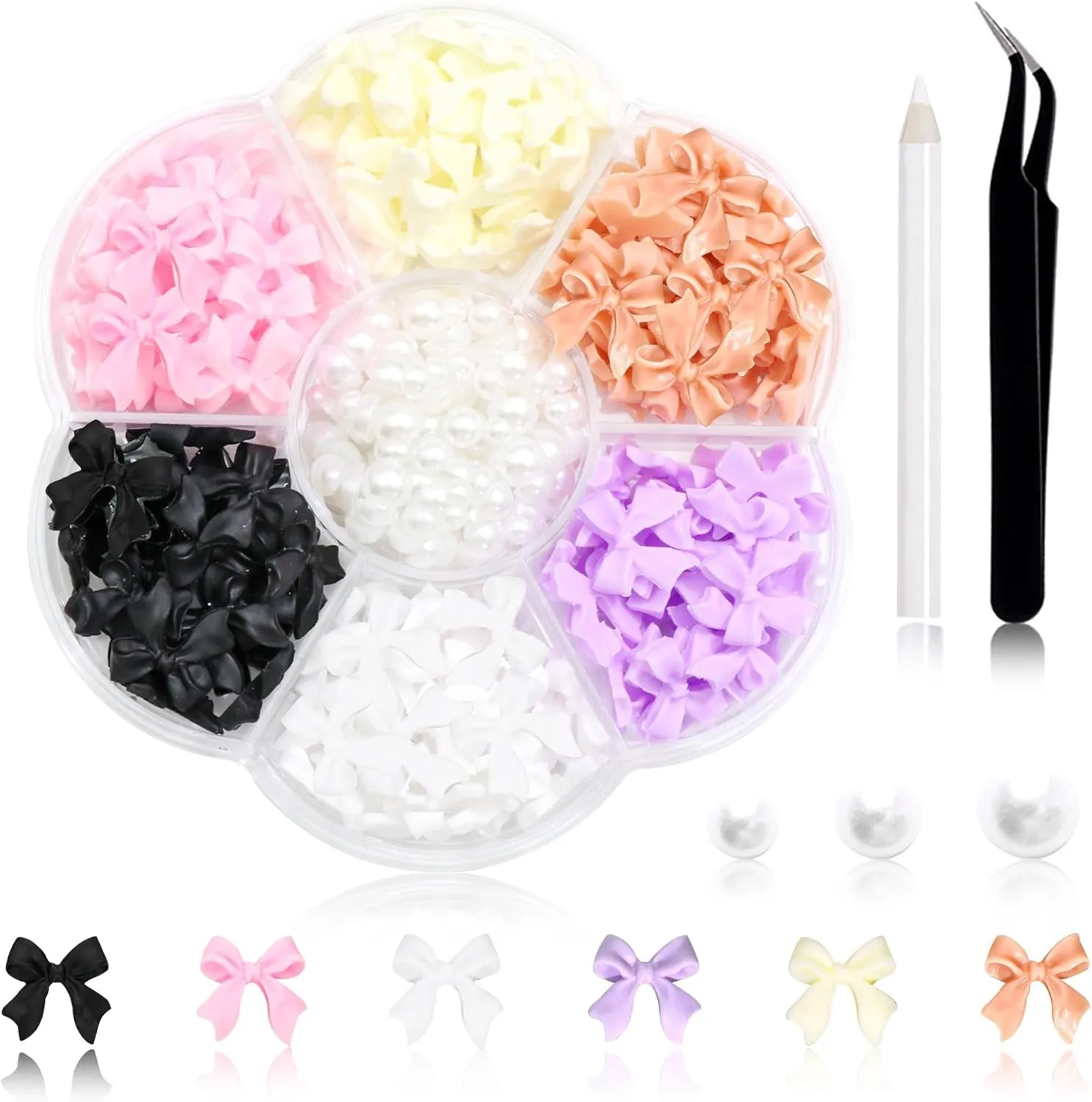 300Pcs Bow Nail Charms and Flatback Pearls,Black White Pink Bowknot 3D Cute Nail Charms for Acrylic Nail Supplies Design,White Half Pearls for Nail Jewelry DIY Crafts Nail Art Decoration Accessories
