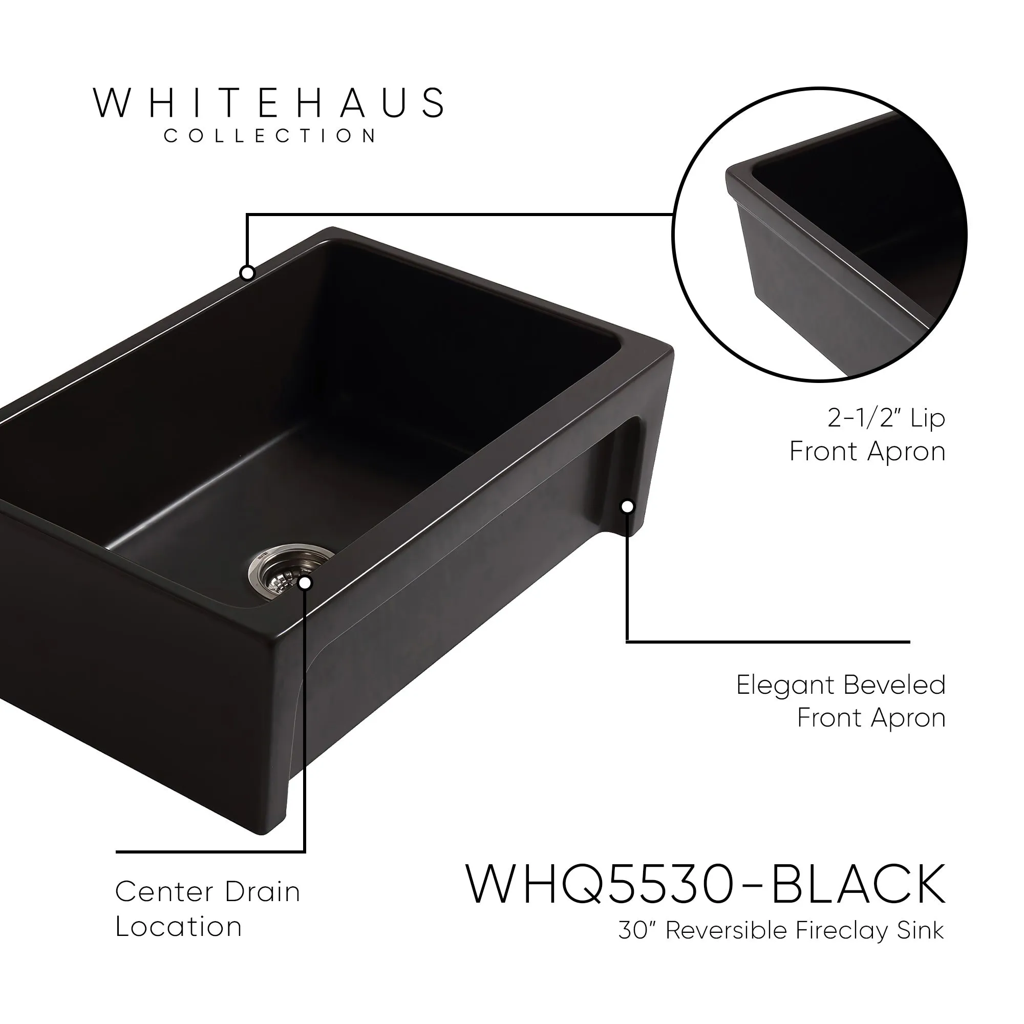 30" Reversible Single Bowl Fireclay Kitchen Sink: 2½" lip, beveled front apron