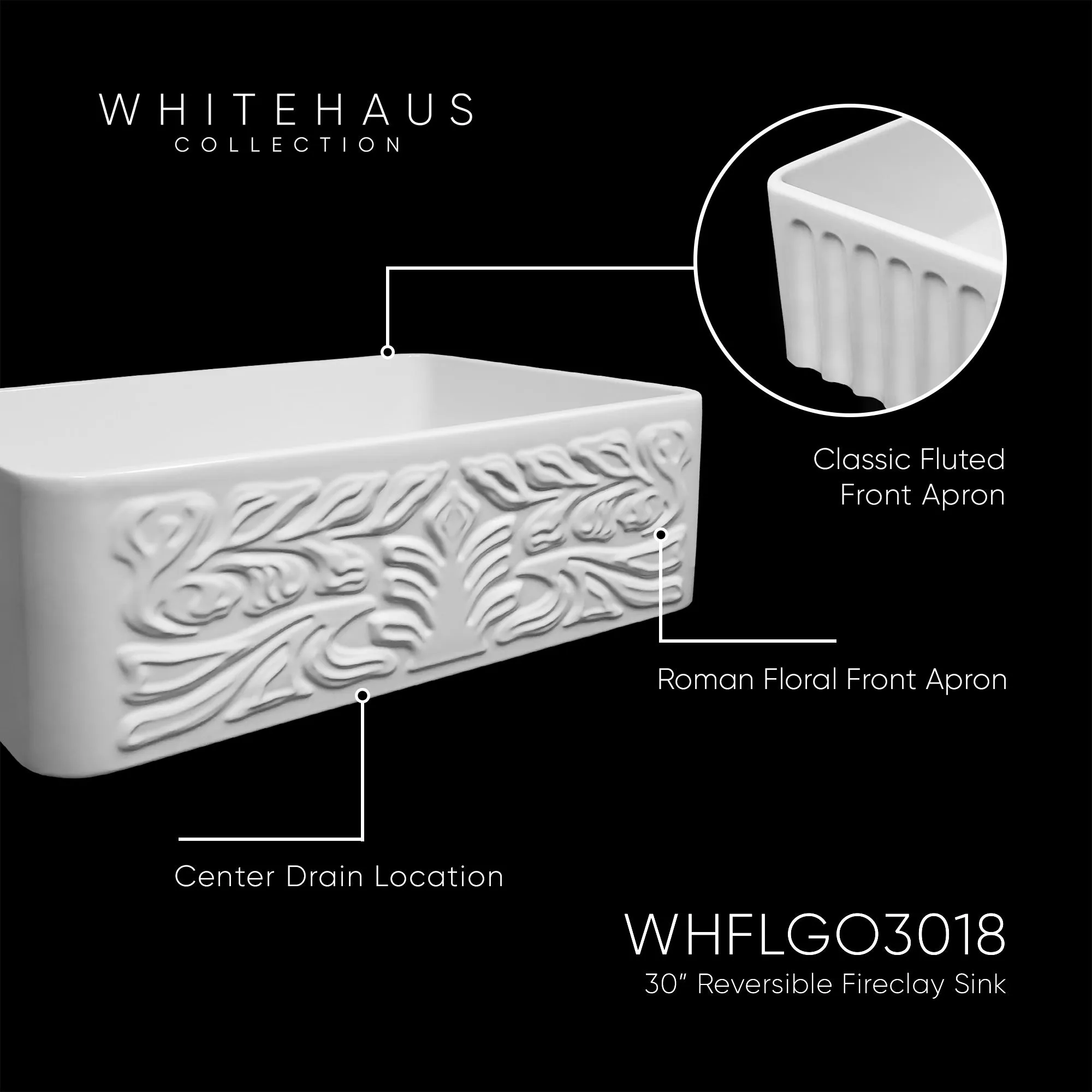 30" Reversible Single Bowl Fireclay Kitchen Sink: Roman Floral & Fluted Front Apron