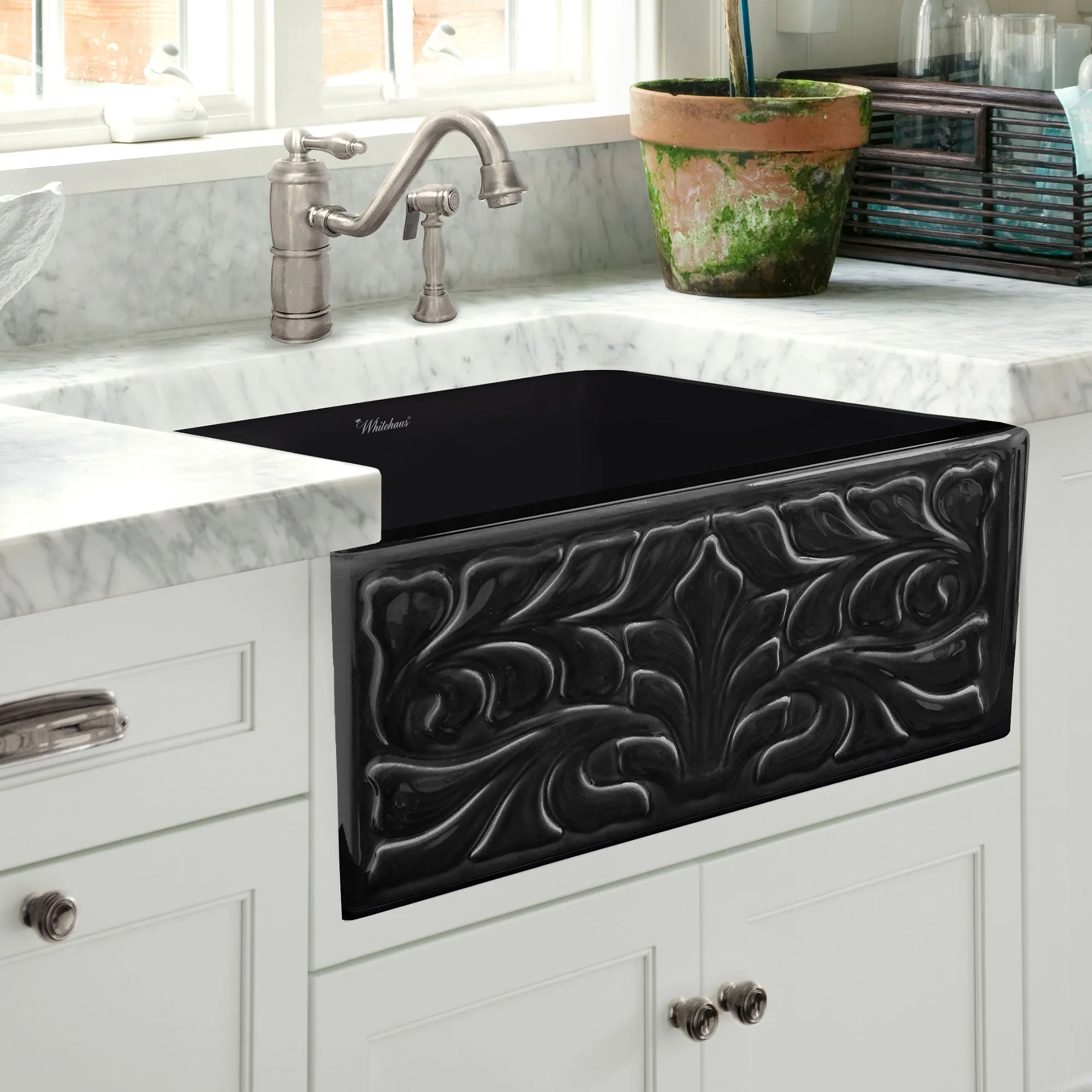 30" Reversible Single Bowl Fireclay Kitchen Sink: Roman Floral & Fluted Front Apron
