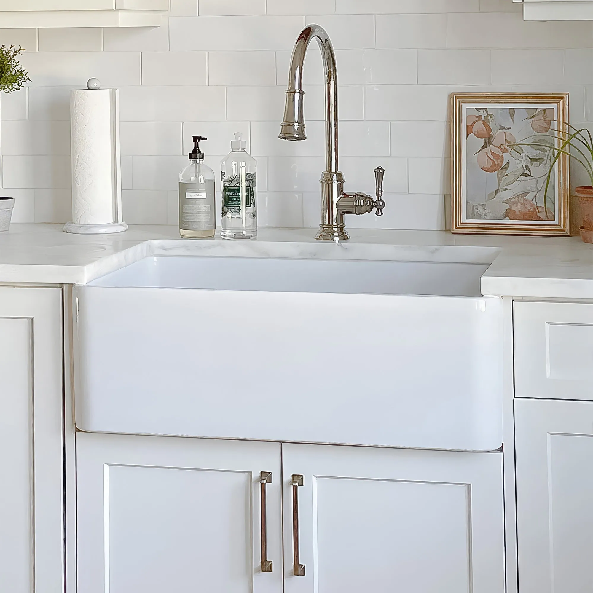 30" Reversible single bowl fireclay kitchen sink with plain front apron