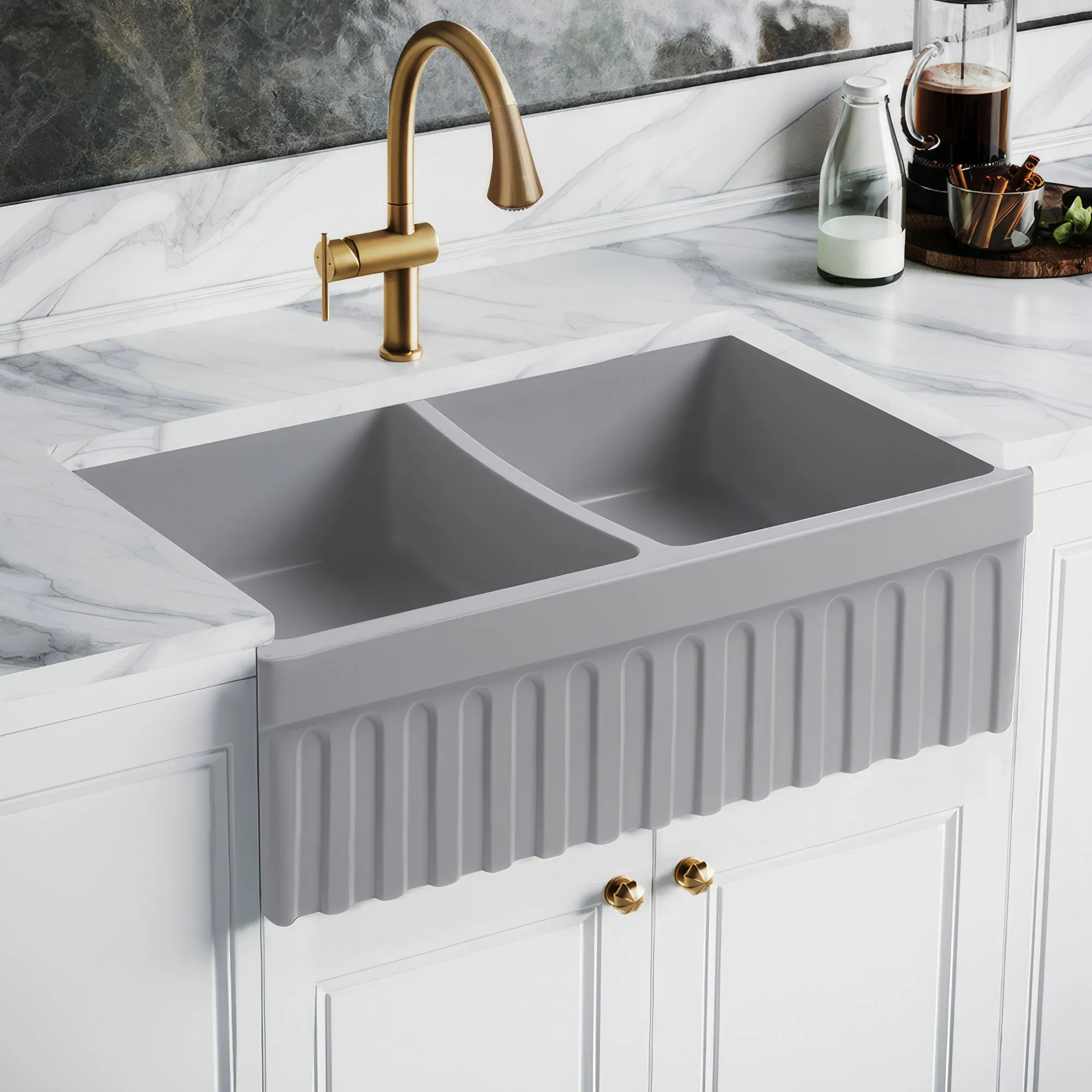 33" reversible double bowl fireclay kitchen sink: 2½” lip and fluted, 2” lip front apron
