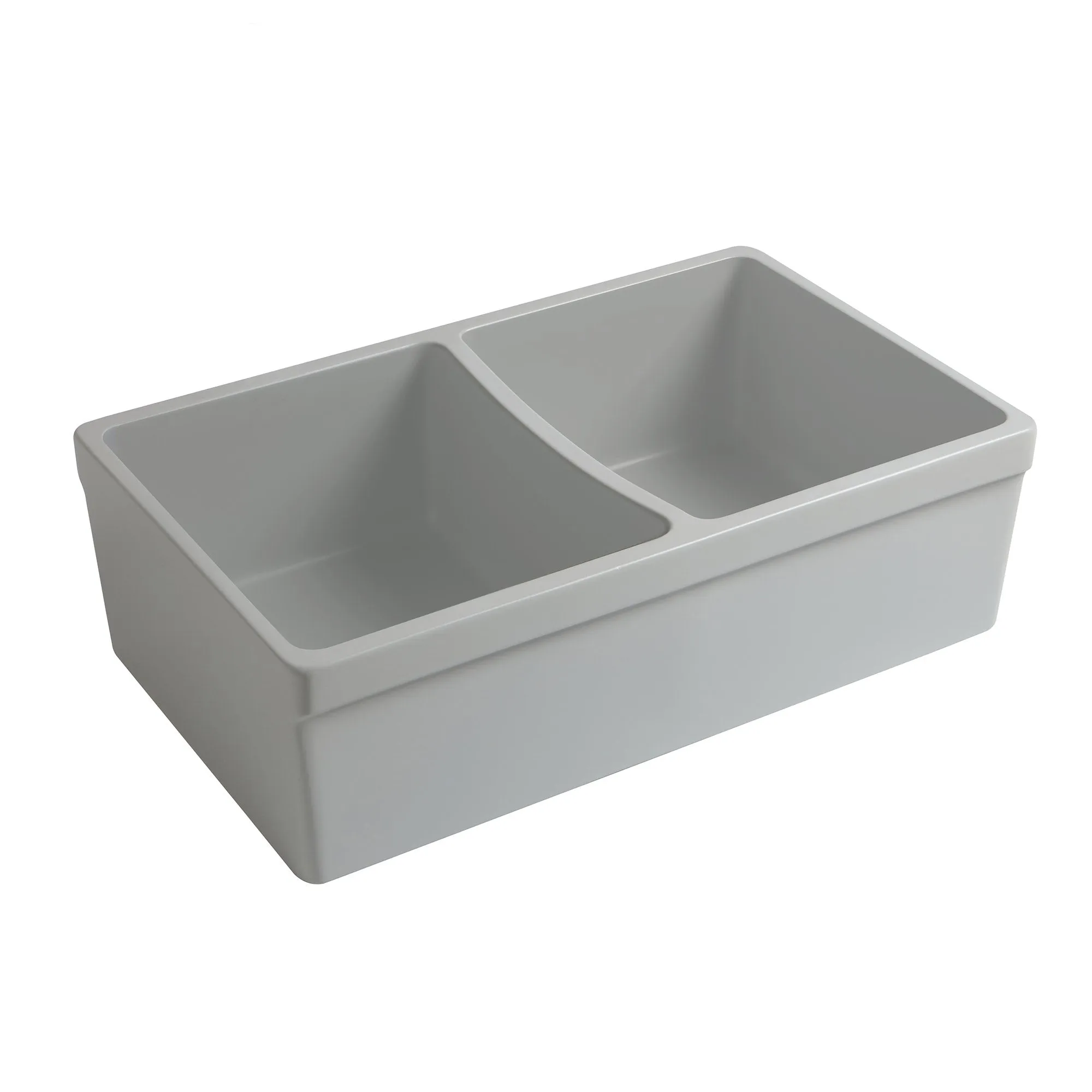 33" reversible double bowl fireclay kitchen sink: 2½” lip and fluted, 2” lip front apron