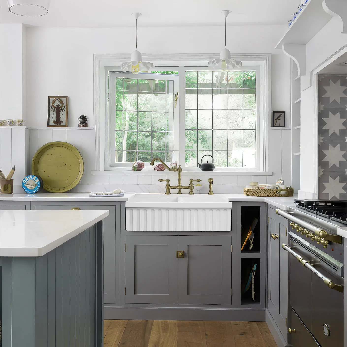 33" reversible double bowl fireclay kitchen sink: 2½” lip and fluted, 2” lip front apron