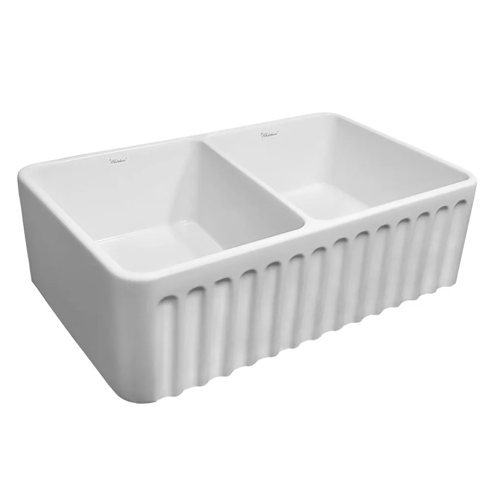 33" reversible double bowl fireclay kitchen sink: raised panel, fluted front apron
