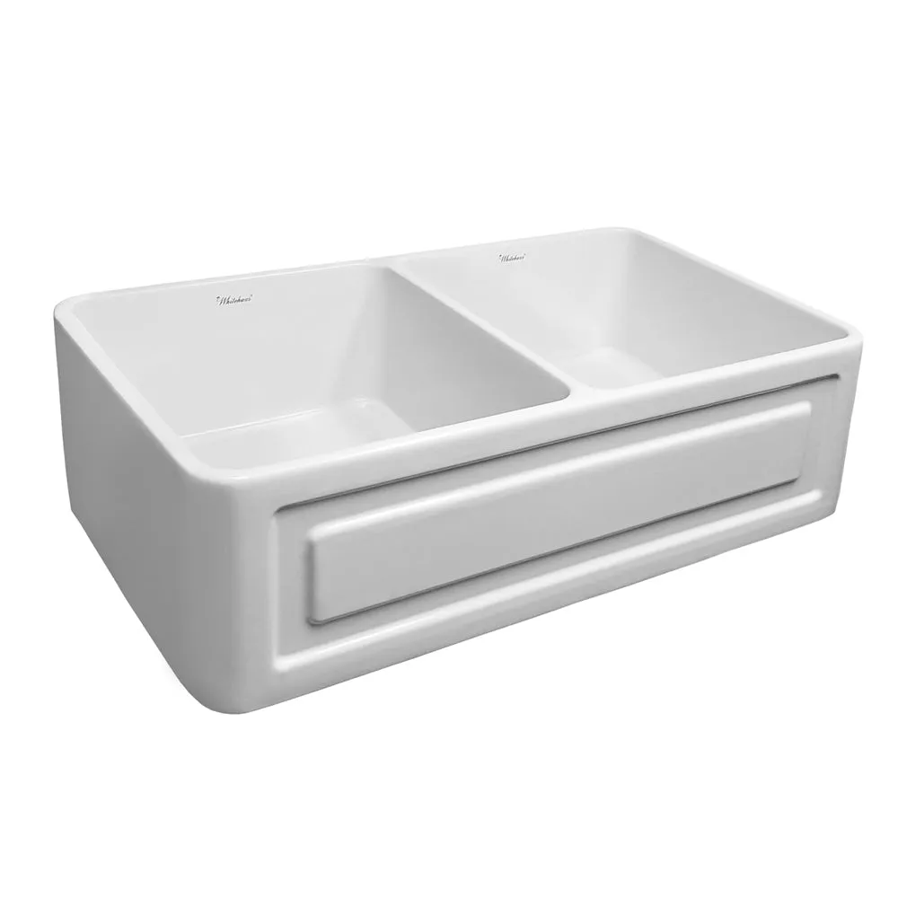 33" reversible double bowl fireclay kitchen sink: raised panel, fluted front apron